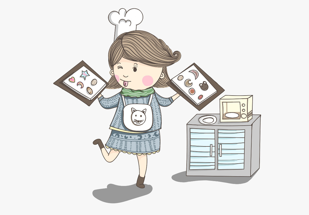 A woman with a baker's hat holding two trays of cookies.