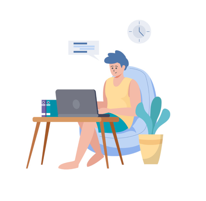 A woman is sitting on on chair with a laptop in front of her on a small table. The clock behind her shows it's almost midnight.